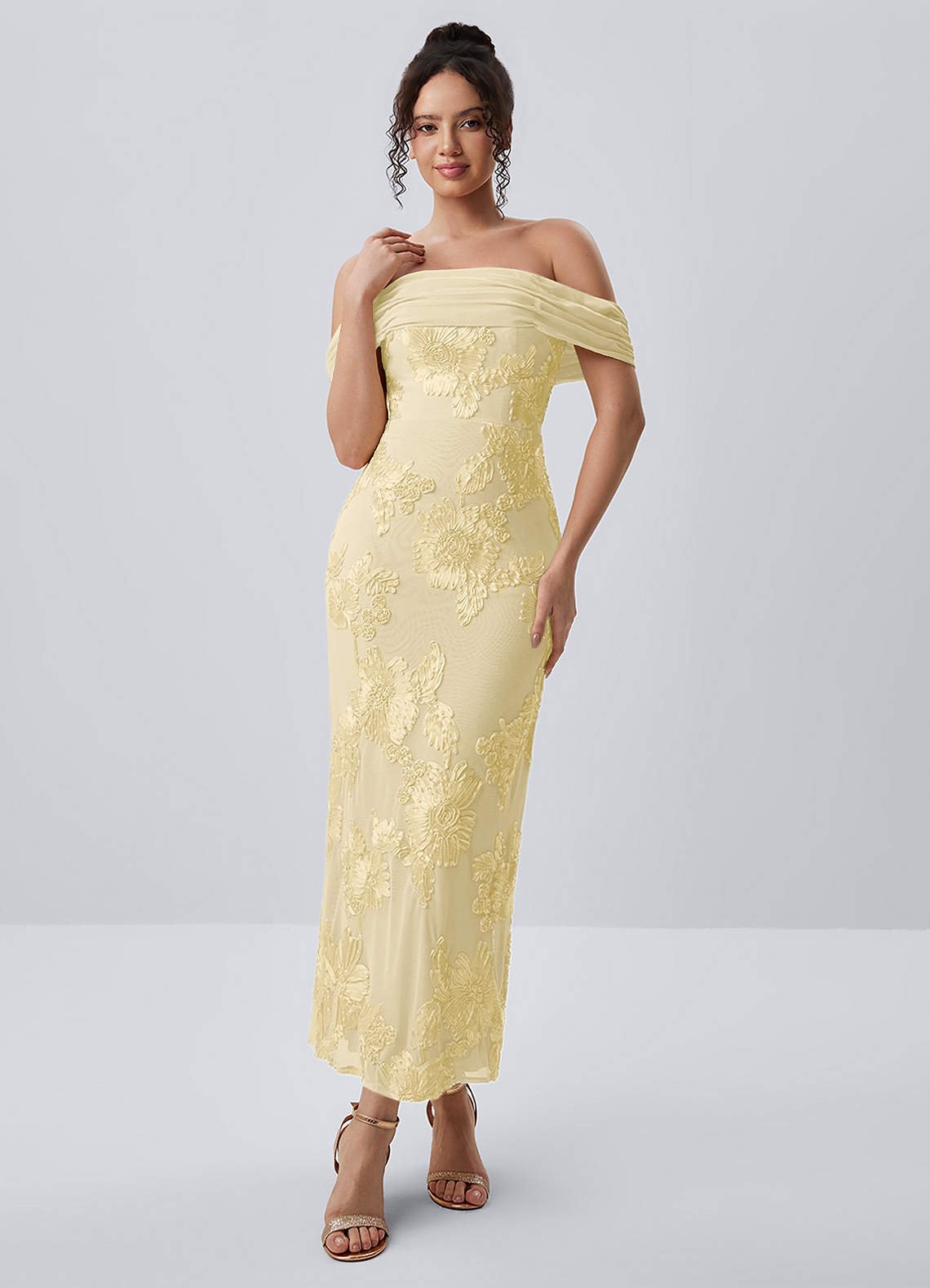 Berenice Sheath Off-the-Shoulder 3D Floral Lace Prom Dress in Lemon Sorbet