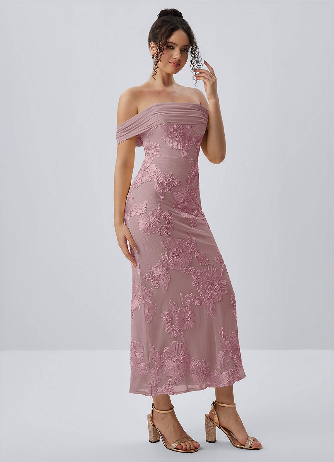Berenice Sheath Off-the-Shoulder 3D Floral Lace Prom Dress in Dusty Lilac