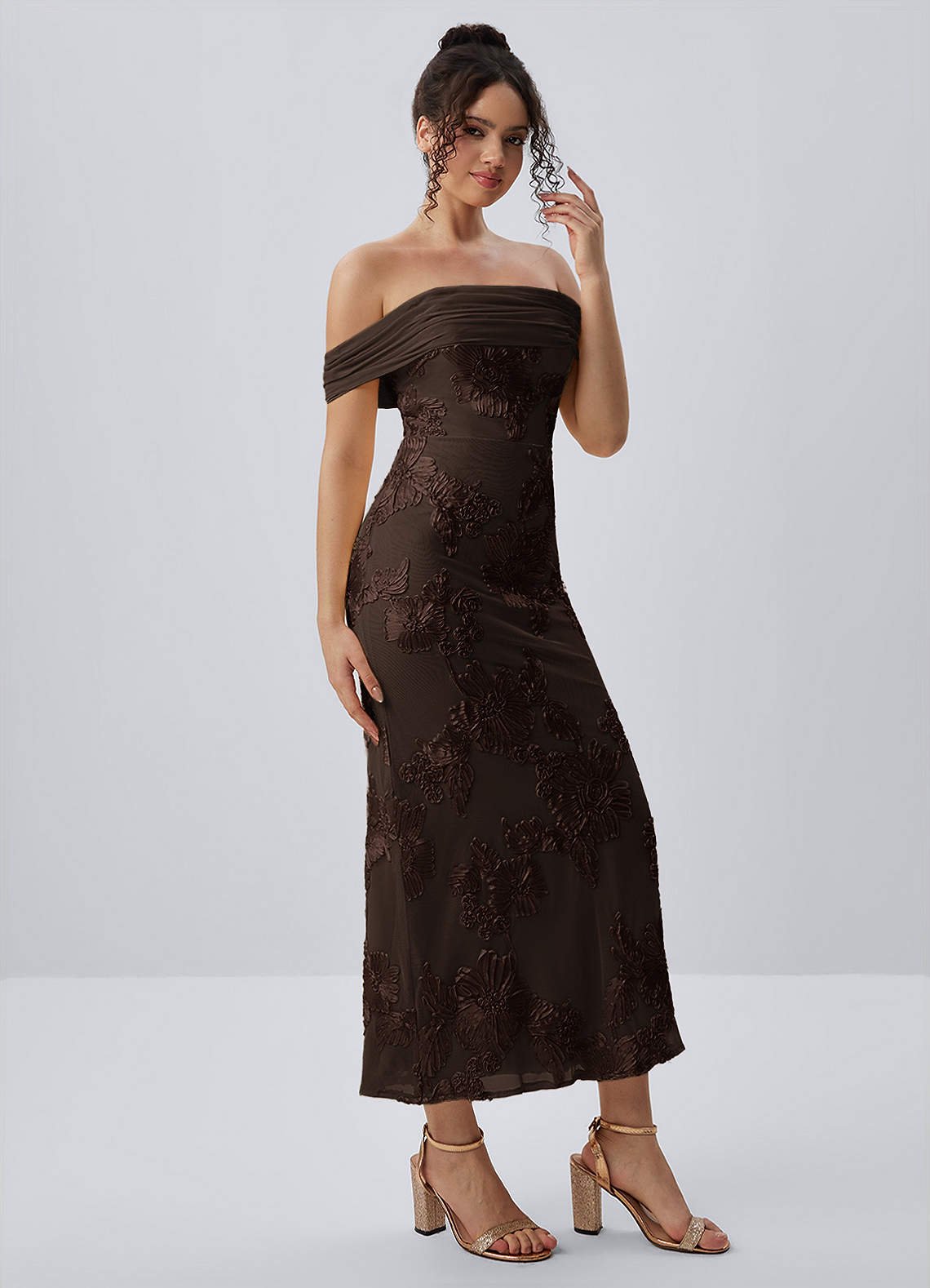 Berenice Sheath Off-the-Shoulder 3D Floral Lace Prom Dress in Coco