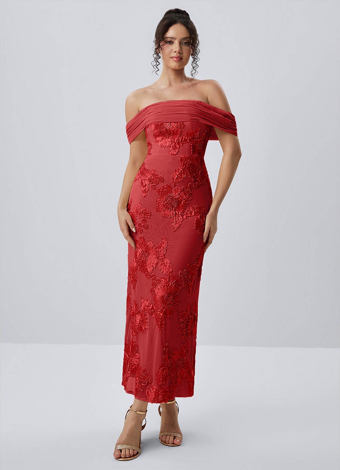 Berenice Sheath Off-the-Shoulder 3D Floral Lace Prom Dress in Red