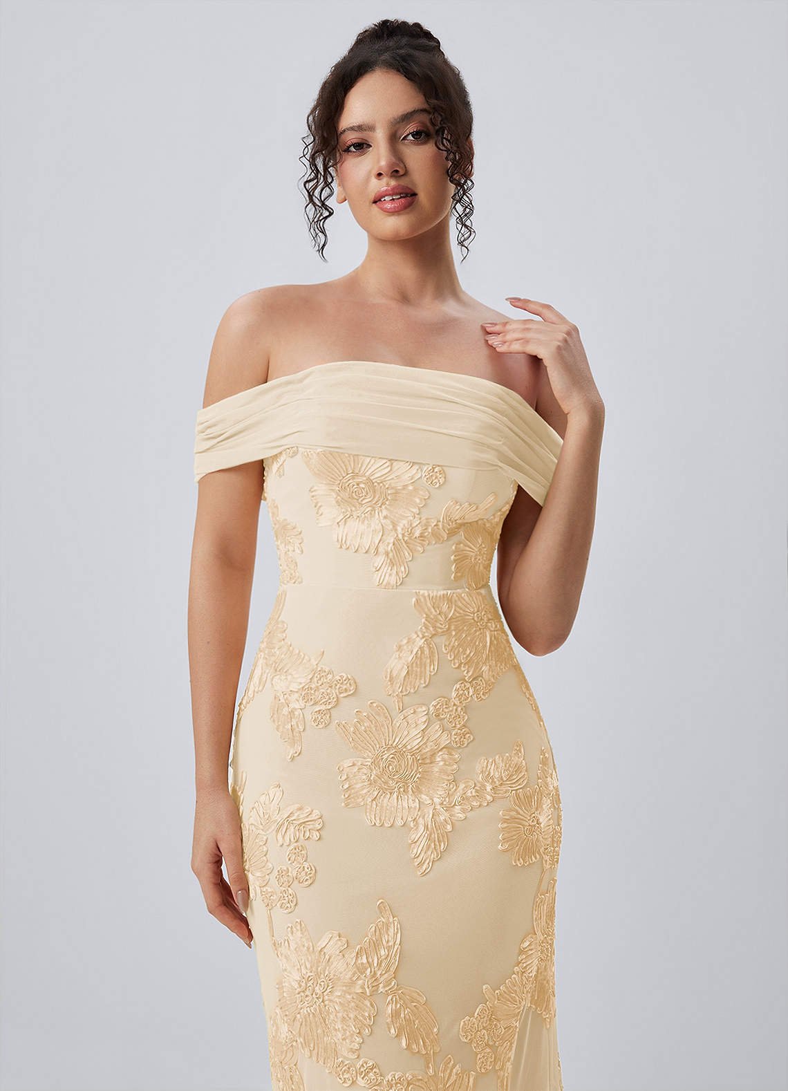 Berenice Sheath Off-the-Shoulder 3D Floral Lace Prom Dress in Yellow
