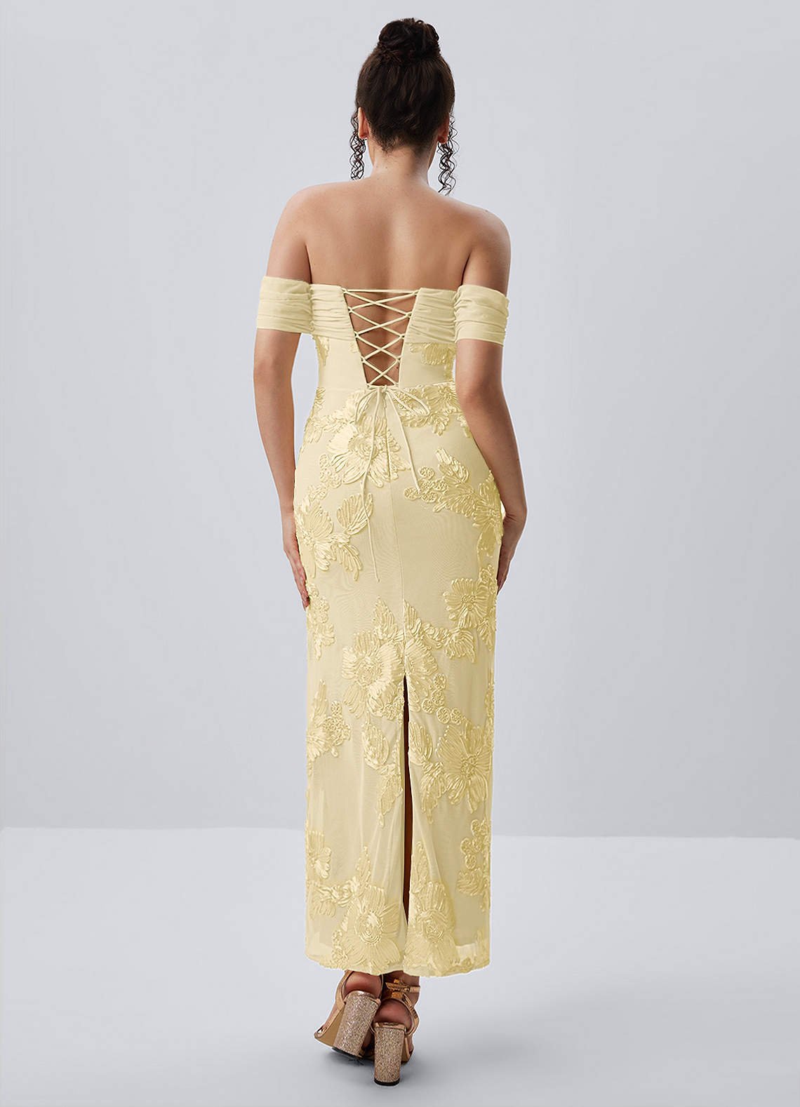 Berenice Sheath Off-the-Shoulder 3D Floral Lace Prom Dress in Lemon Sorbet