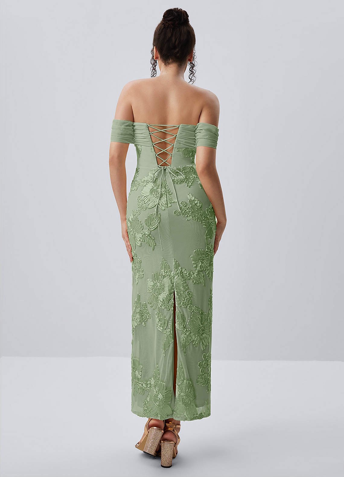 Berenice Sheath Off-the-Shoulder 3D Floral Lace Prom Dress in Sage
