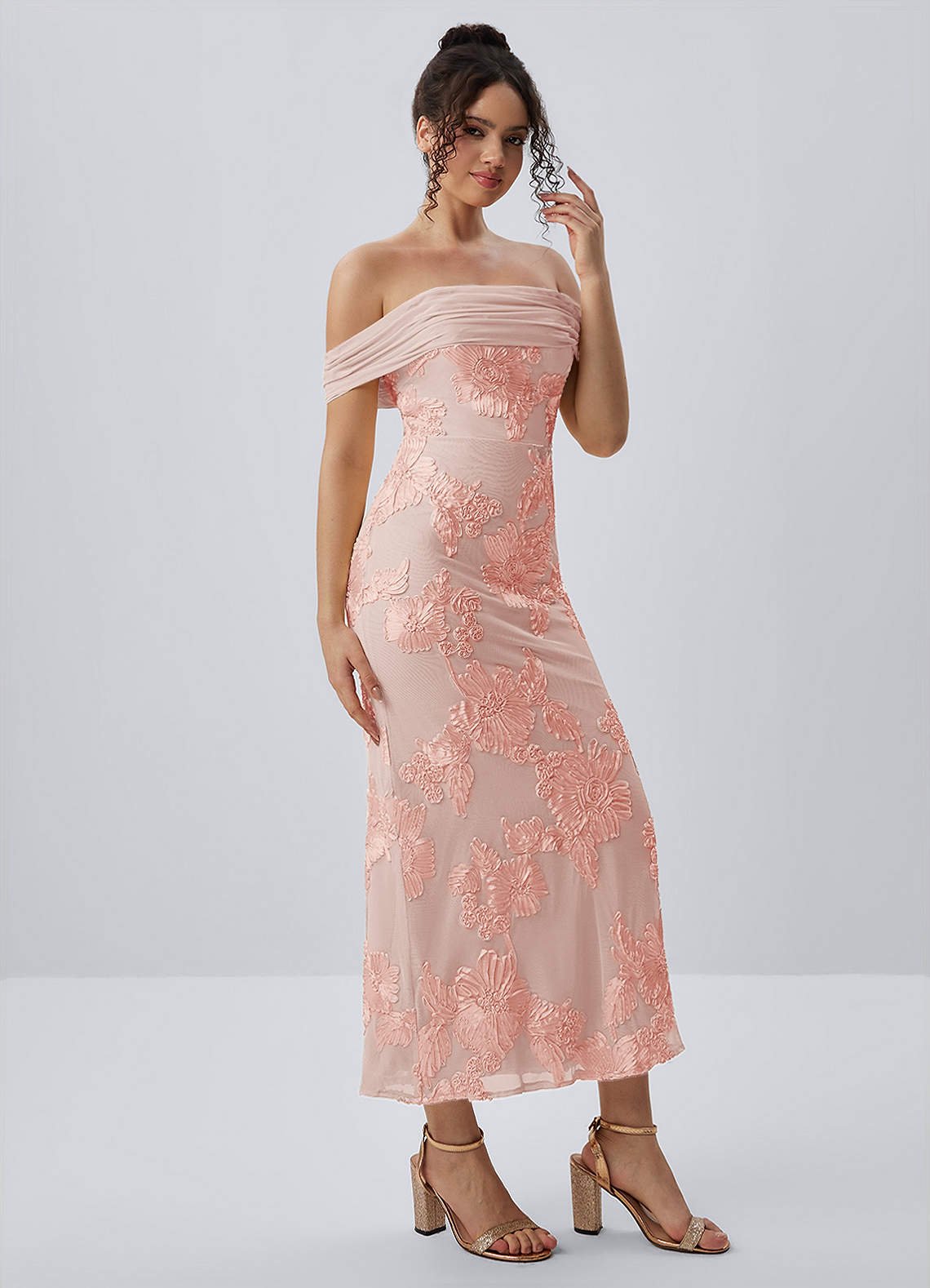 Berenice Sheath Off-the-Shoulder 3D Floral Lace Prom Dress in English Rose