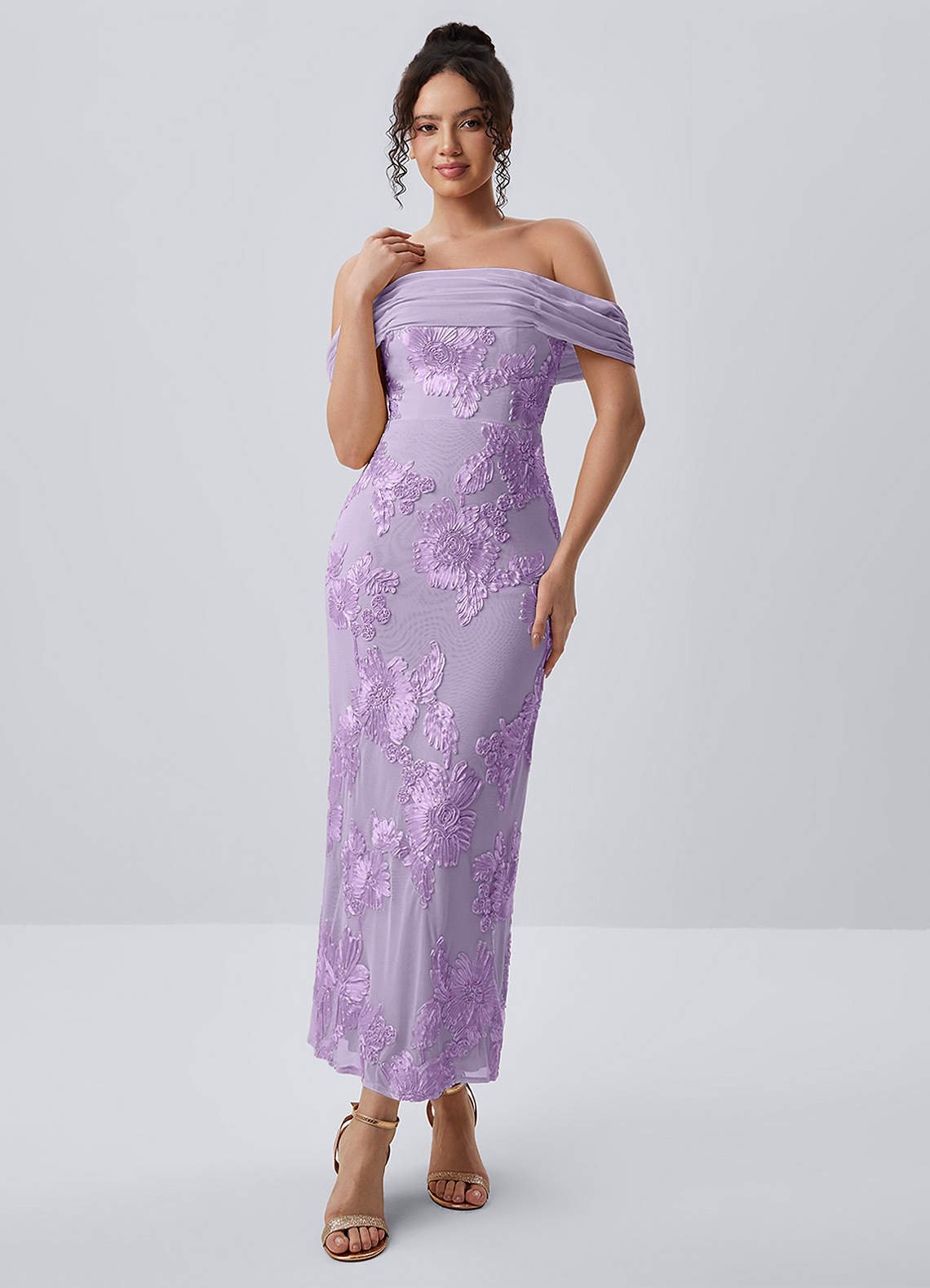 Berenice Sheath Off-the-Shoulder 3D Floral Lace Prom Dress in Wisteria