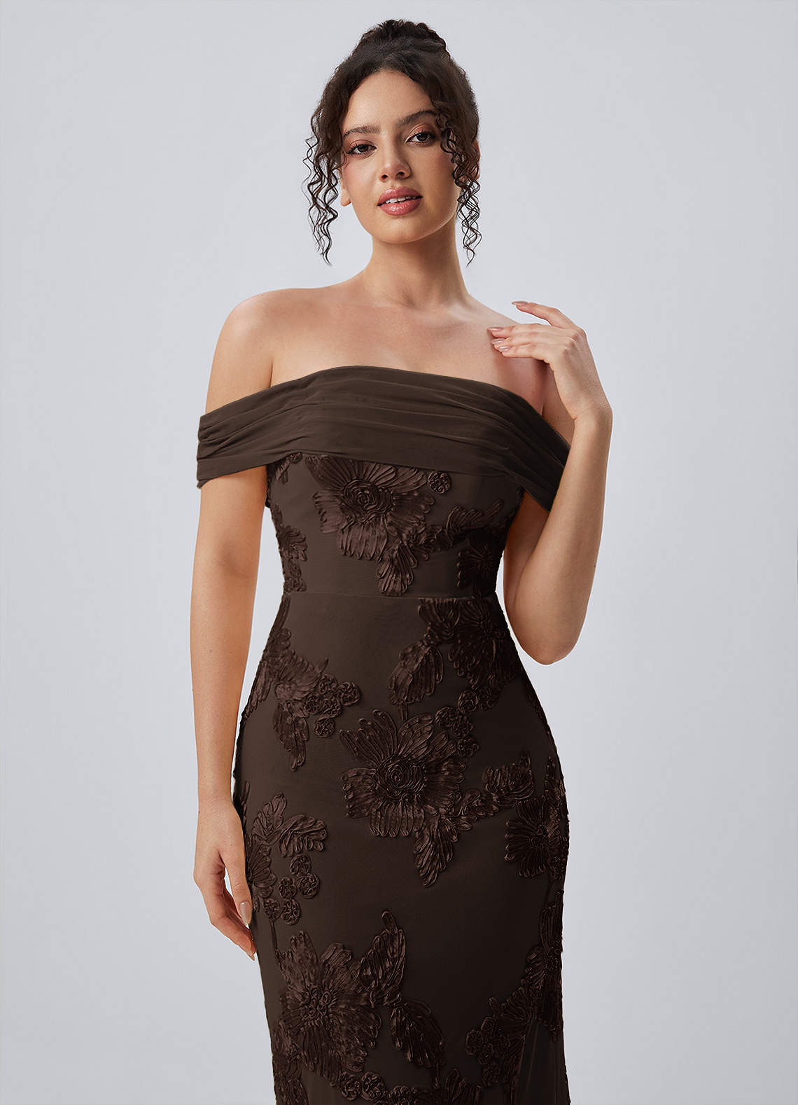 Berenice Sheath Off-the-Shoulder 3D Floral Lace Prom Dress in Coco