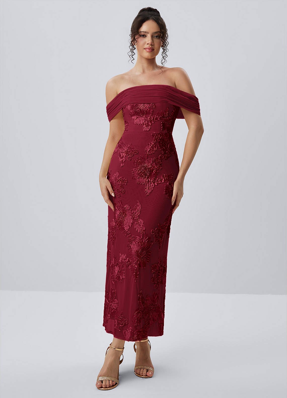 Berenice Sheath Off-the-Shoulder 3D Floral Lace Prom Dress in Burgundy
