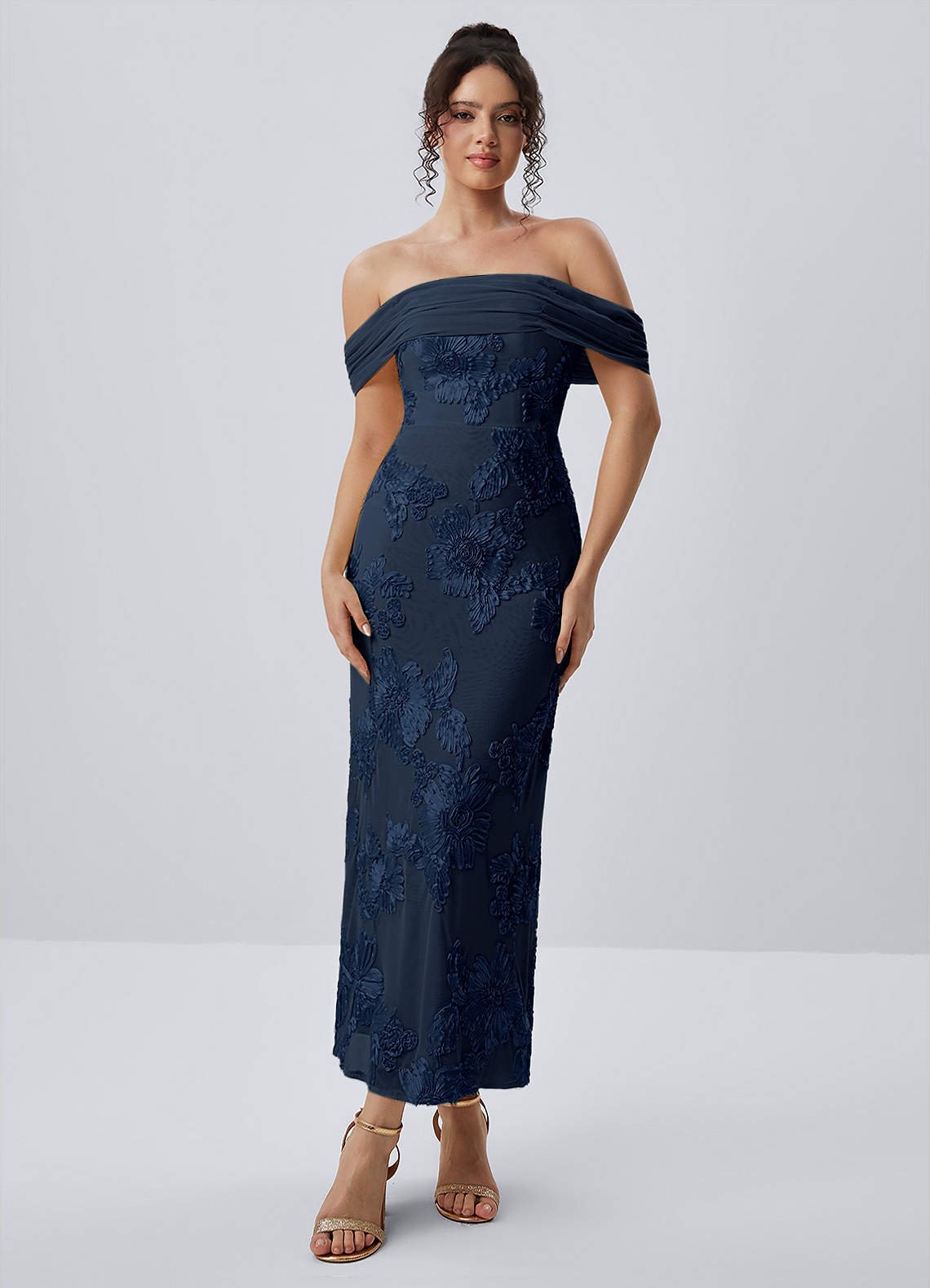 Berenice Sheath Off-the-Shoulder 3D Floral Lace Prom Dress in Navy Blue