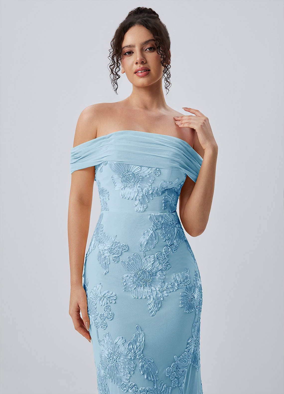 Berenice Sheath Off-the-Shoulder 3D Floral Lace Prom Dress in Sky Blue