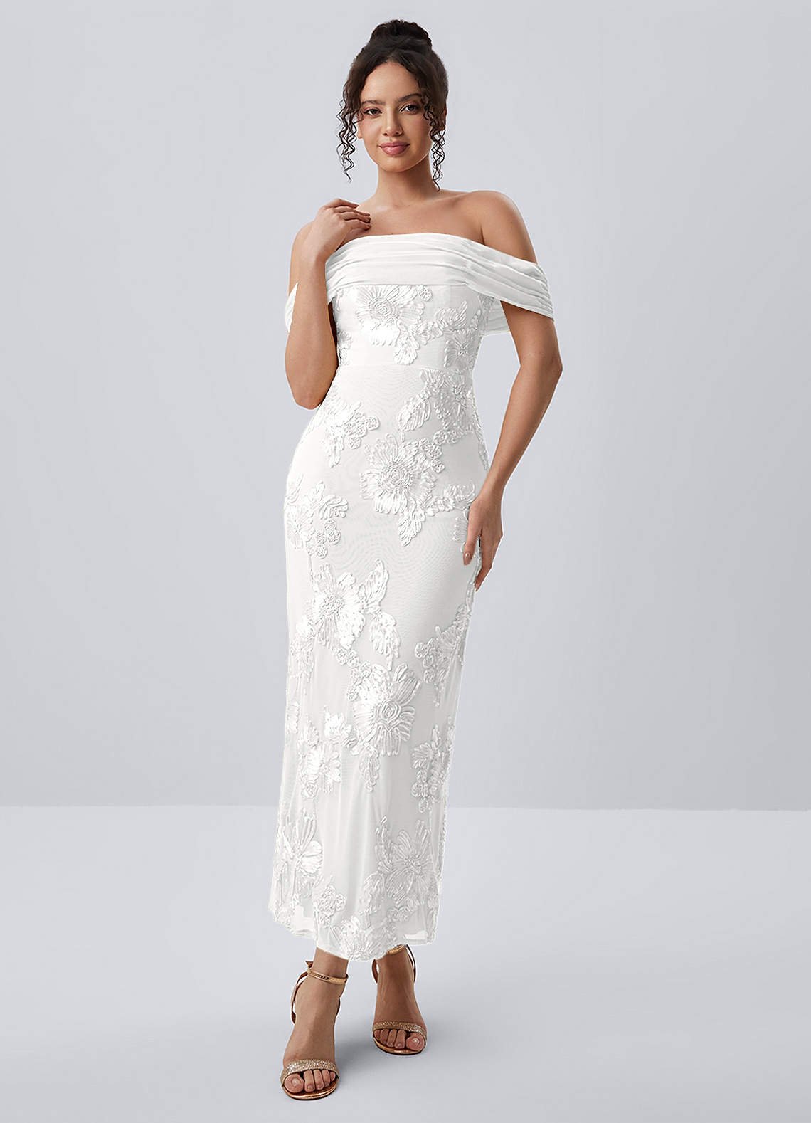 Berenice Sheath Off-the-Shoulder 3D Floral Lace Prom Dress in white