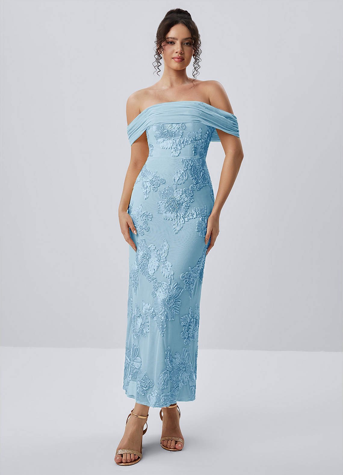 Berenice Sheath Off-the-Shoulder 3D Floral Lace Prom Dress in Sky Blue