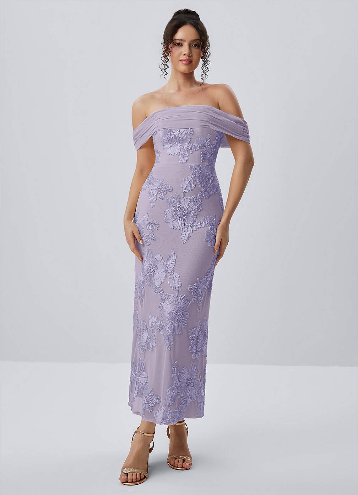 Berenice Sheath Off-the-Shoulder 3D Floral Lace Prom Dress in Pale Purple