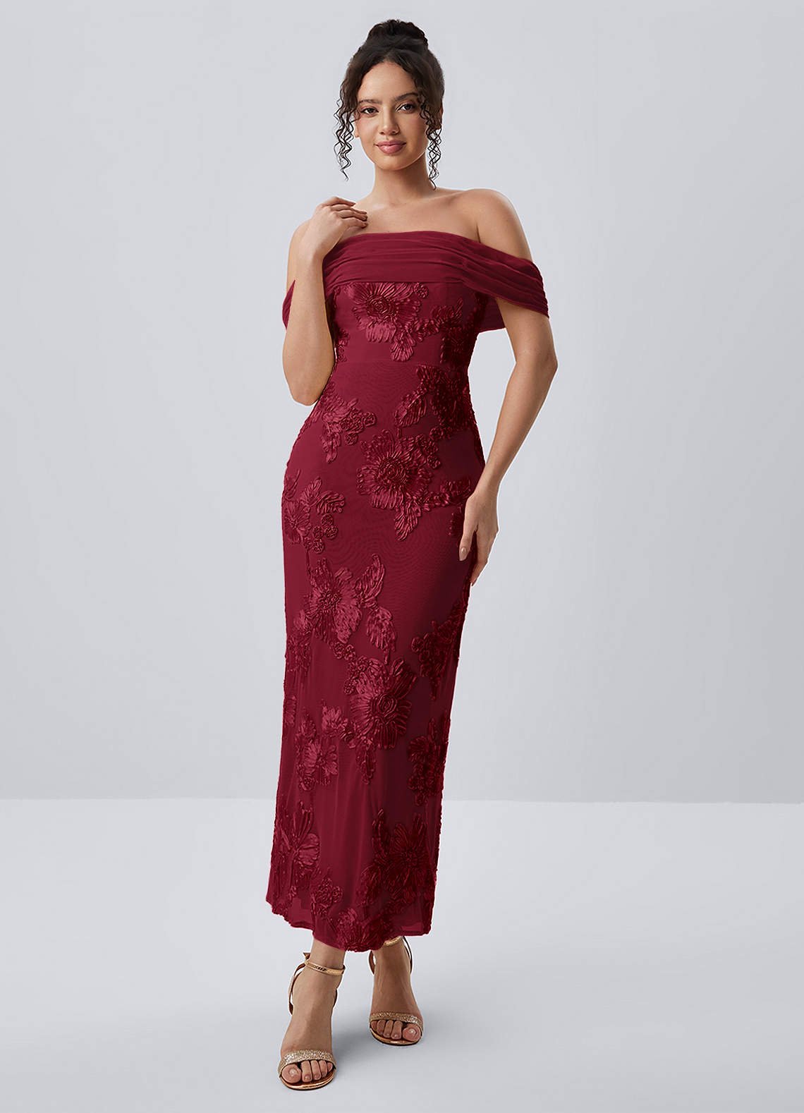 Berenice Sheath Off-the-Shoulder 3D Floral Lace Prom Dress in Burgundy