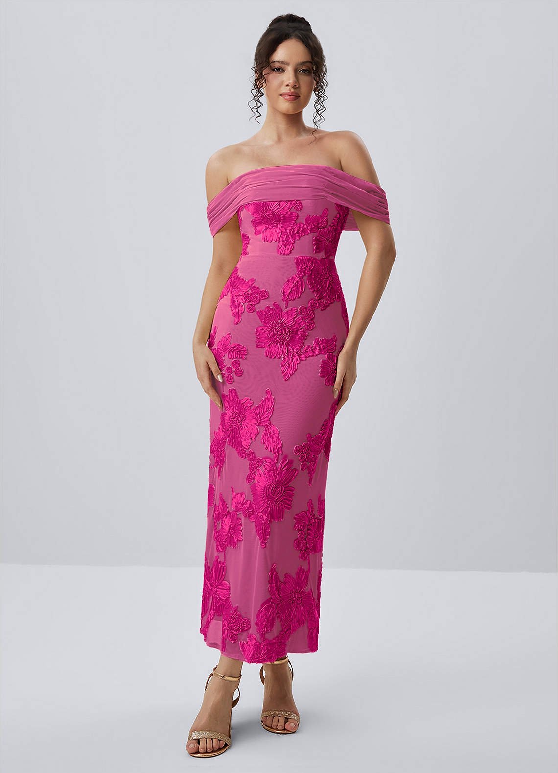 Berenice Sheath Off-the-Shoulder 3D Floral Lace Prom Dress in Fuchsia