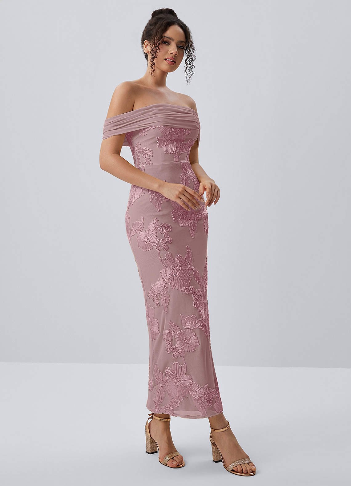 Berenice Sheath Off-the-Shoulder 3D Floral Lace Prom Dress in Dusty Lilac