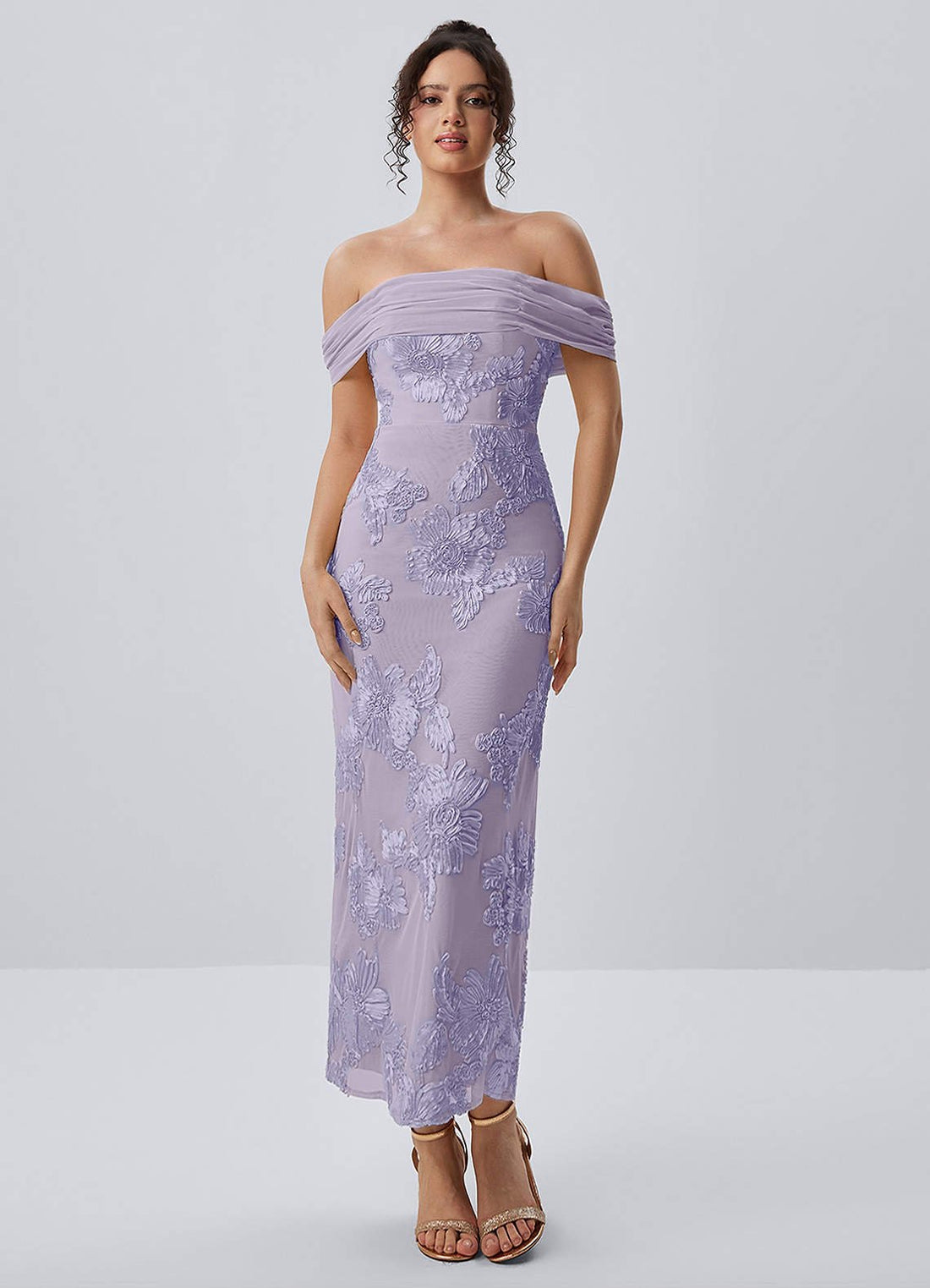 Berenice Sheath Off-the-Shoulder 3D Floral Lace Prom Dress in Pale Purple