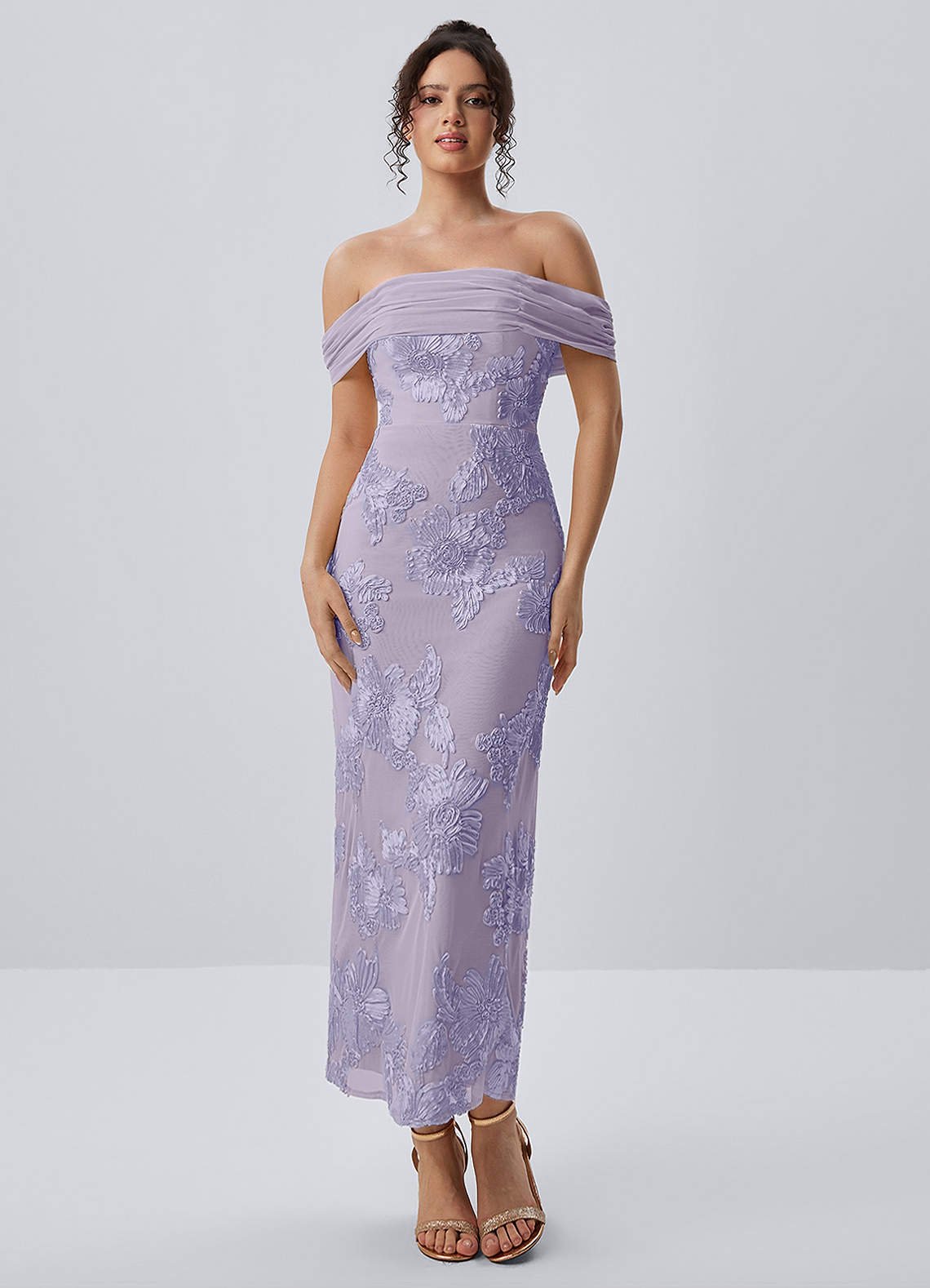 Berenice Sheath Off-the-Shoulder 3D Floral Lace Prom Dress in Pale Purple