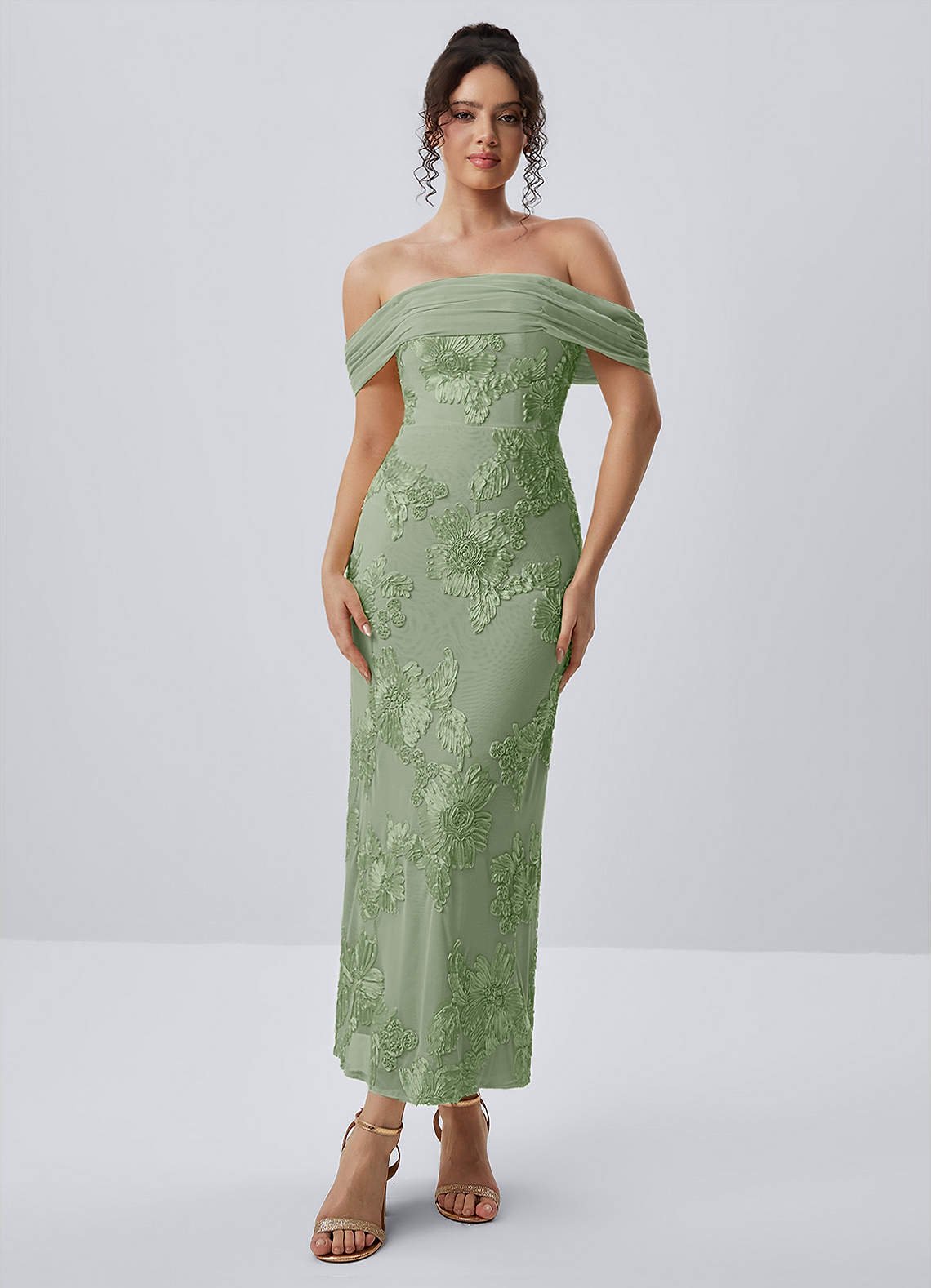 Berenice Sheath Off-the-Shoulder 3D Floral Lace Prom Dress in Sage