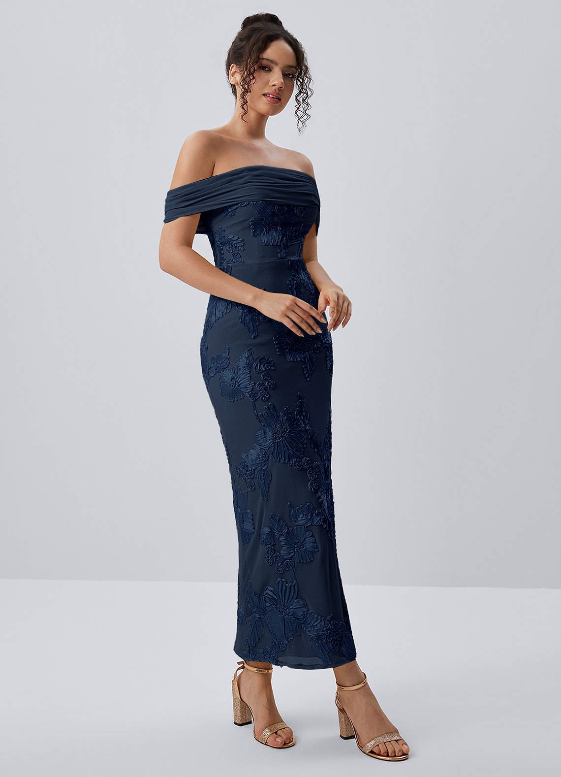 Berenice Sheath Off-the-Shoulder 3D Floral Lace Prom Dress in Navy Blue