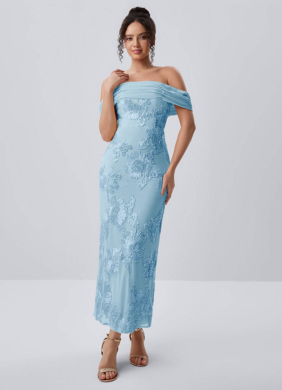 Berenice Sheath Off-the-Shoulder 3D Floral Lace Prom Dress in Sky Blue