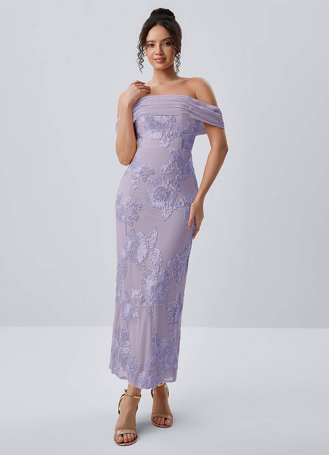 Berenice Sheath Off-the-Shoulder 3D Floral Lace Prom Dress in Pale Purple