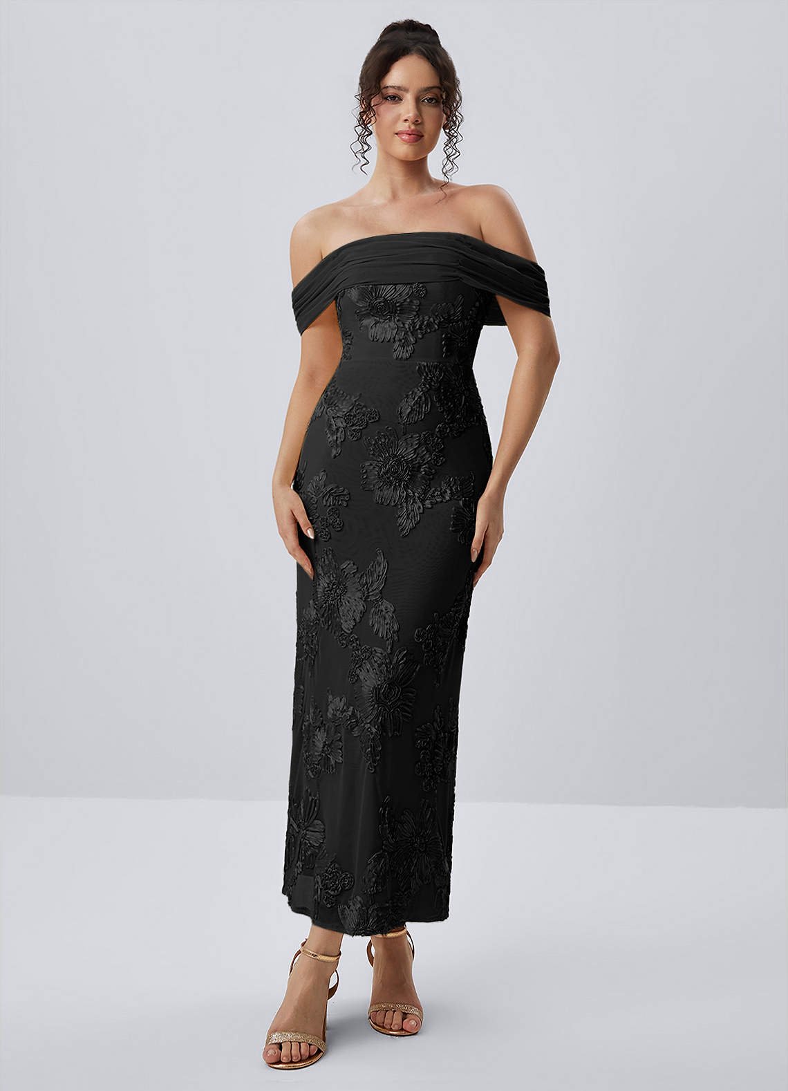 Berenice Sheath Off-the-Shoulder 3D Floral Lace Prom Dress in black