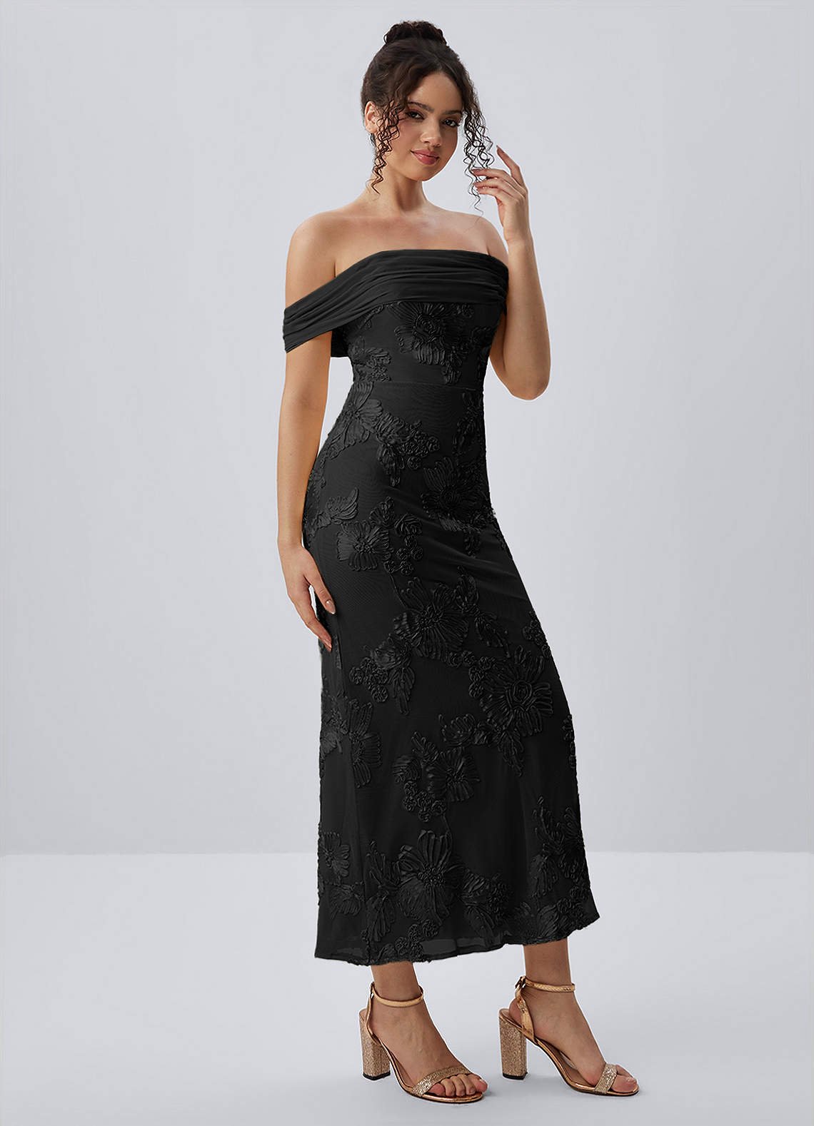 Berenice Sheath Off-the-Shoulder 3D Floral Lace Prom Dress in black