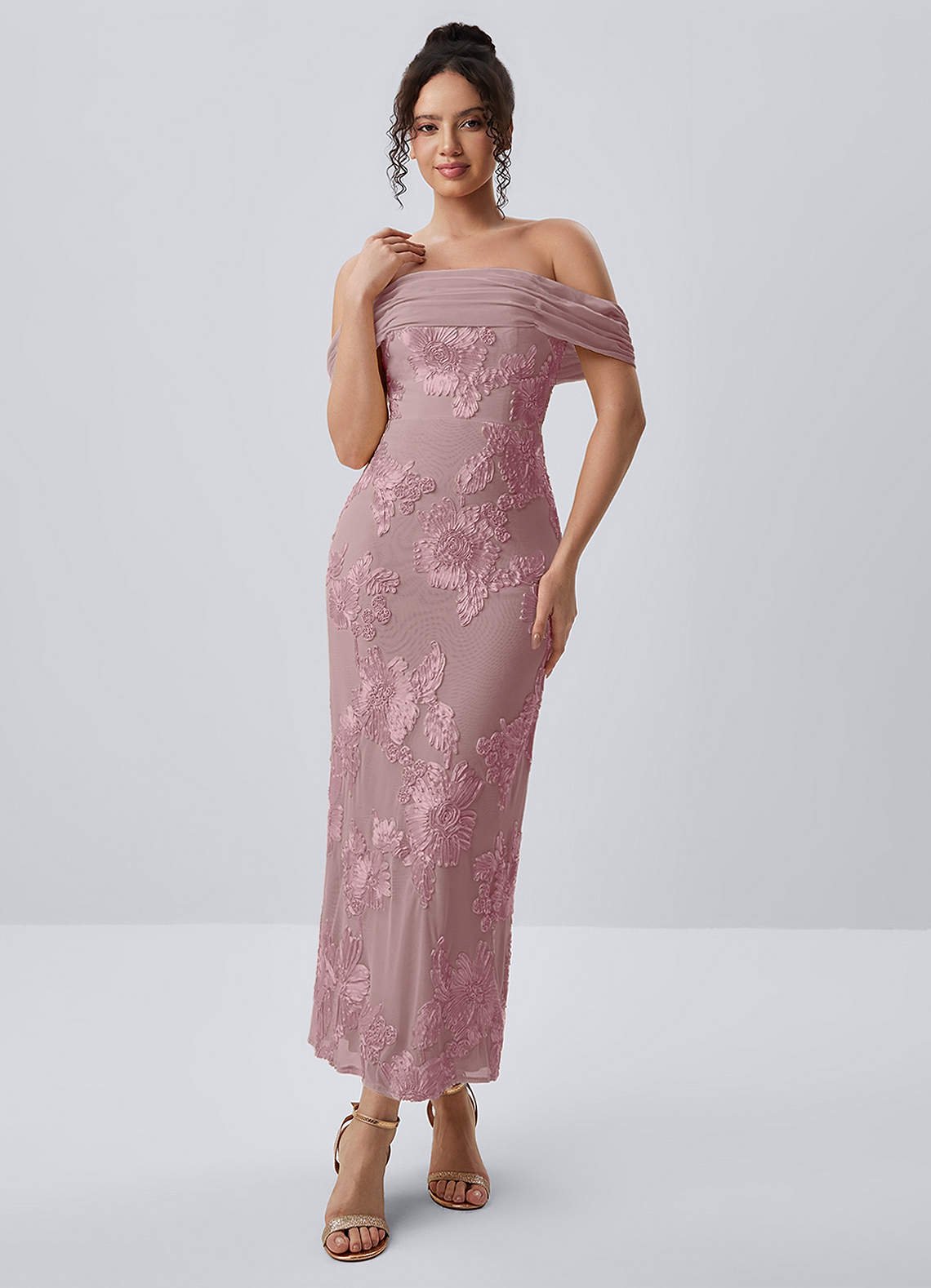 Berenice Sheath Off-the-Shoulder 3D Floral Lace Prom Dress in Dusty Lilac