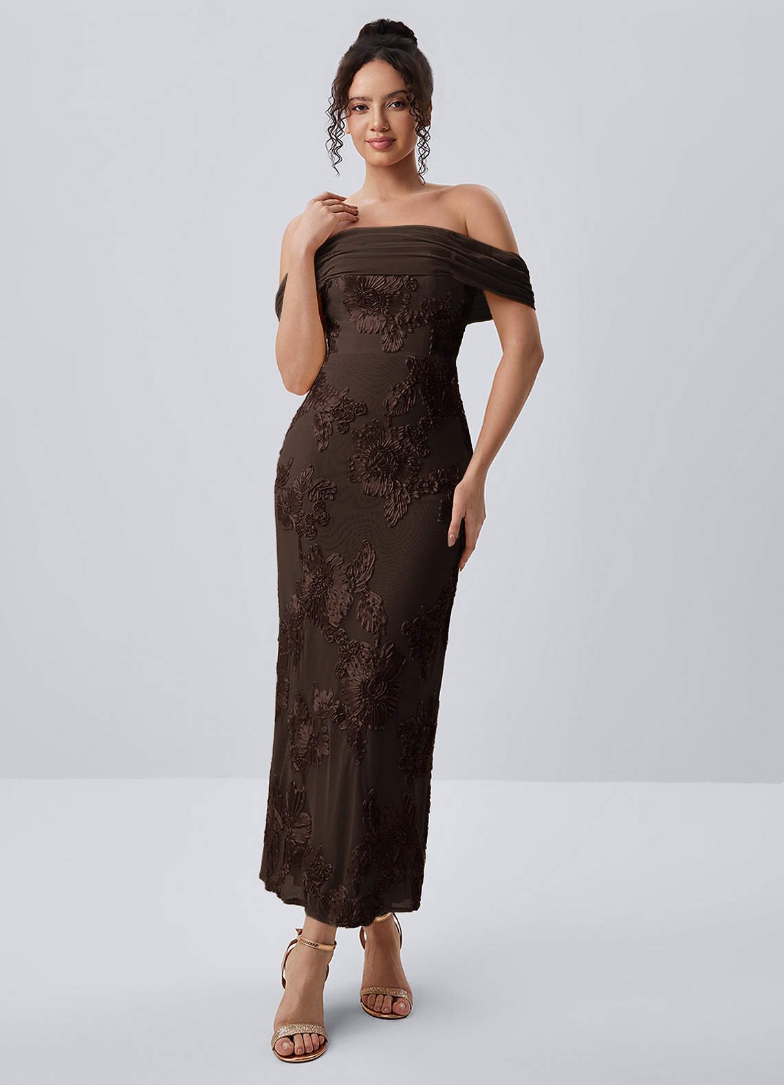 Berenice Sheath Off-the-Shoulder 3D Floral Lace Prom Dress in Coco