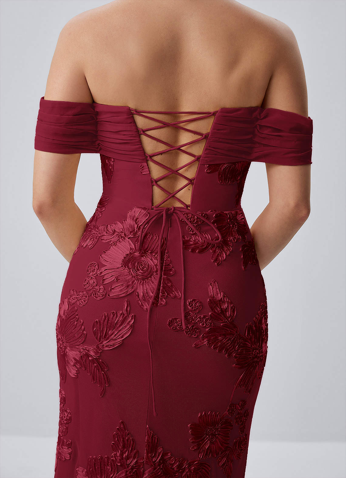 Berenice Sheath Off-the-Shoulder 3D Floral Lace Prom Dress in Burgundy