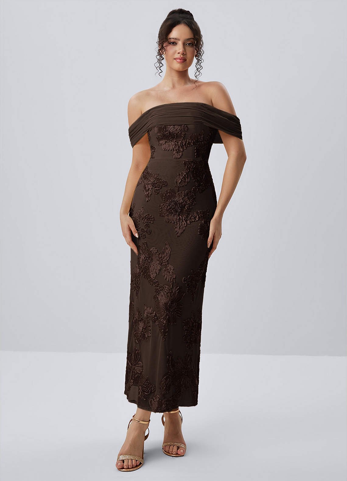 Berenice Sheath Off-the-Shoulder 3D Floral Lace Prom Dress in Coco