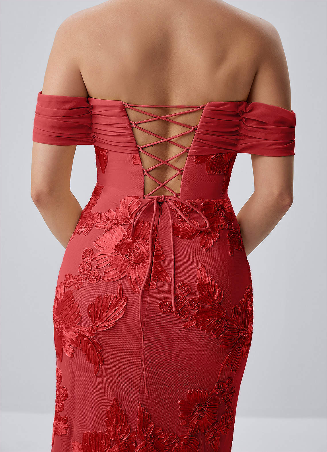 Berenice Sheath Off-the-Shoulder 3D Floral Lace Prom Dress in Red