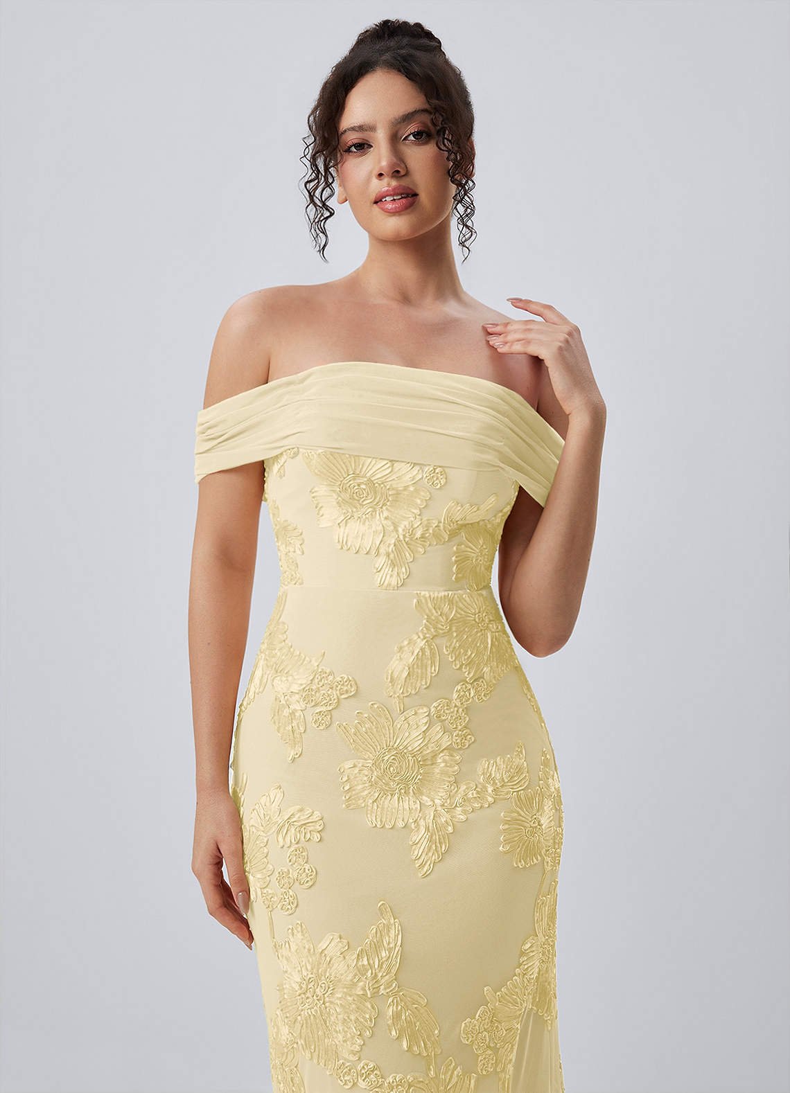 Berenice Sheath Off-the-Shoulder 3D Floral Lace Prom Dress in Lemon Sorbet