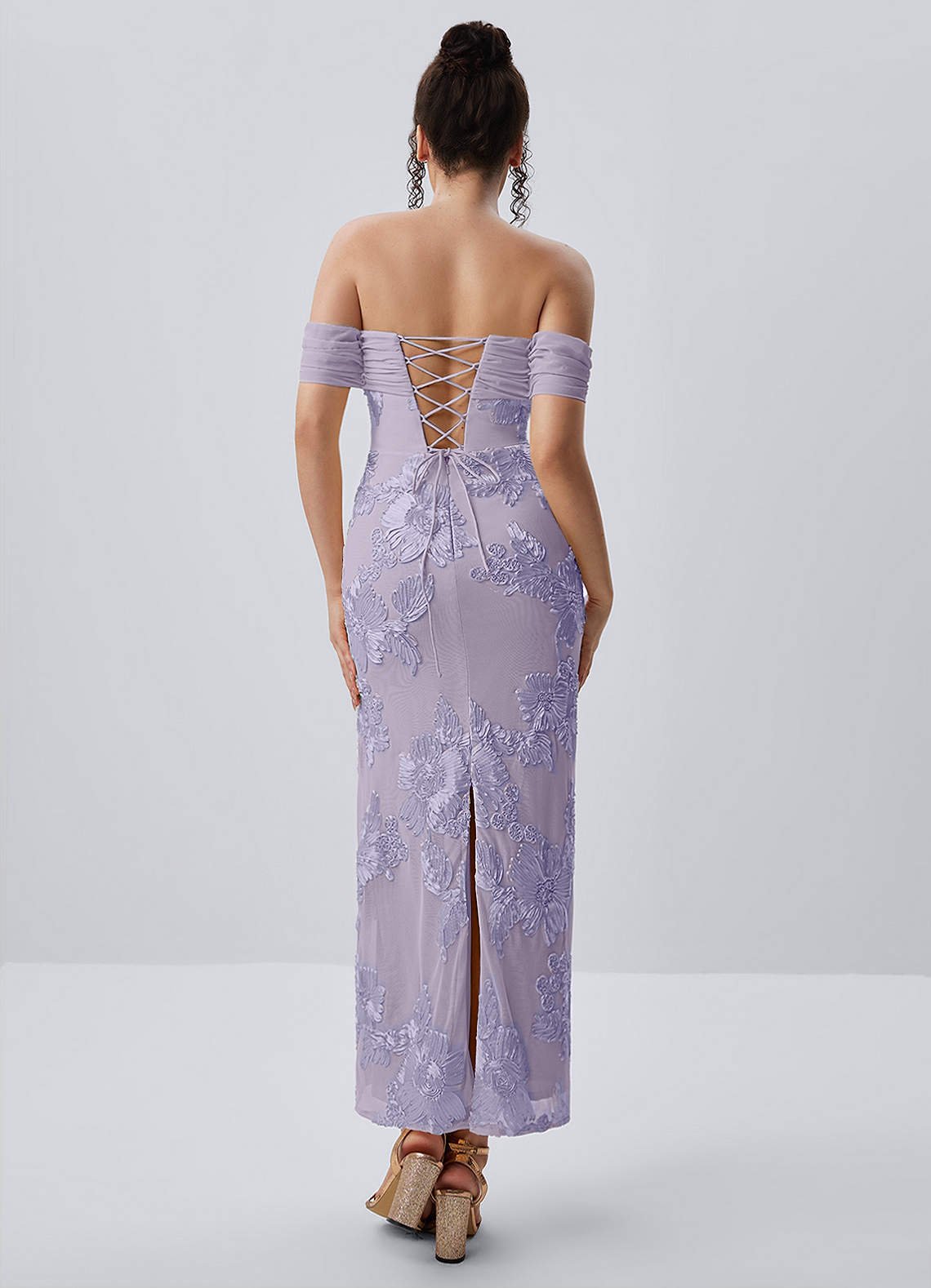Berenice Sheath Off-the-Shoulder 3D Floral Lace Prom Dress in Pale Purple