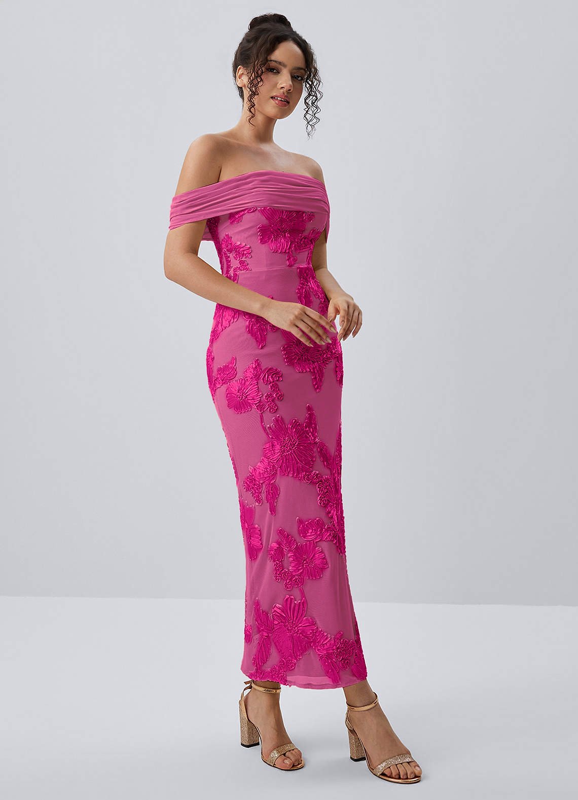 Berenice Sheath Off-the-Shoulder 3D Floral Lace Prom Dress in Fuchsia