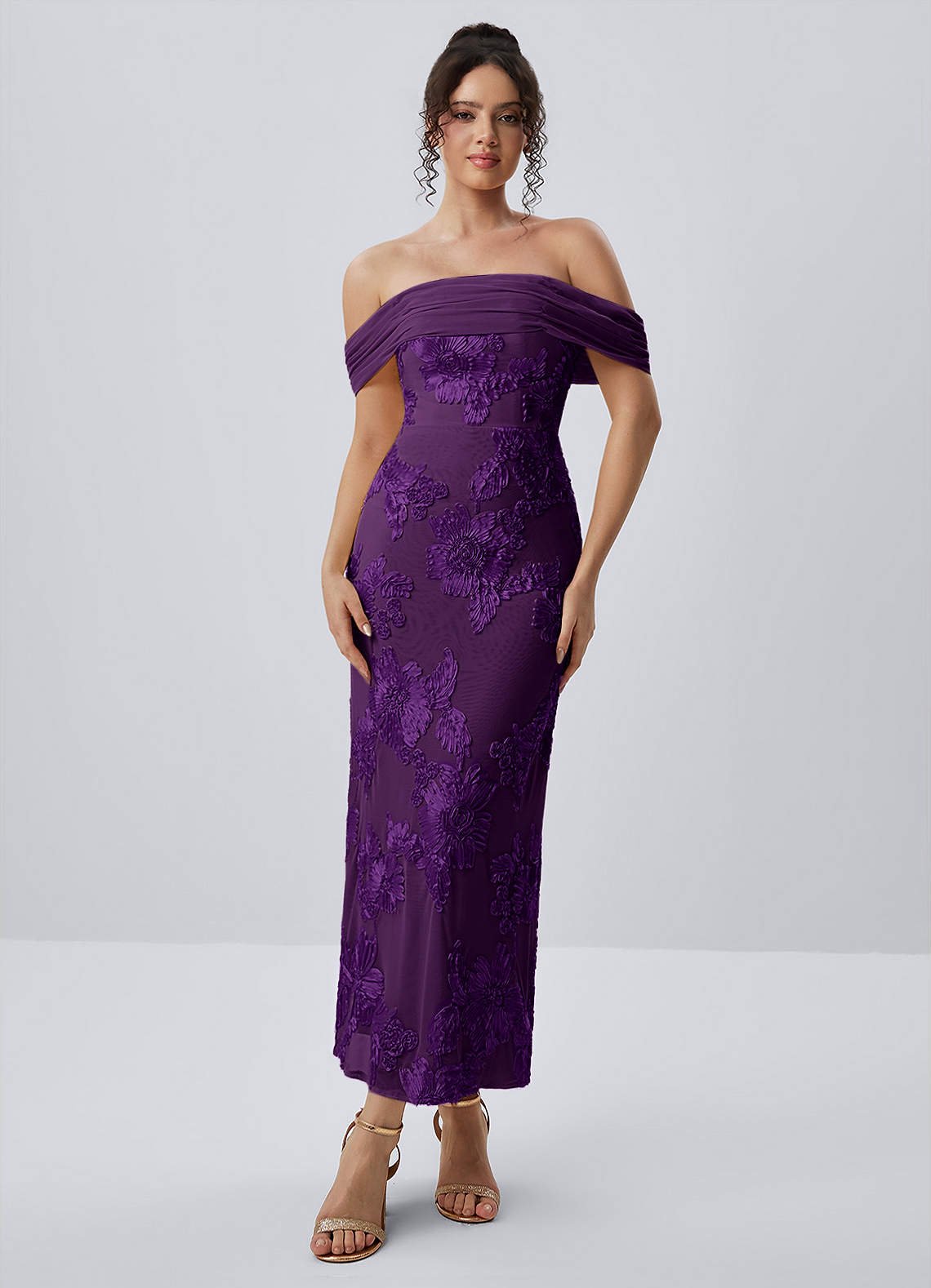 Berenice Sheath Off-the-Shoulder 3D Floral Lace Prom Dress in Plum