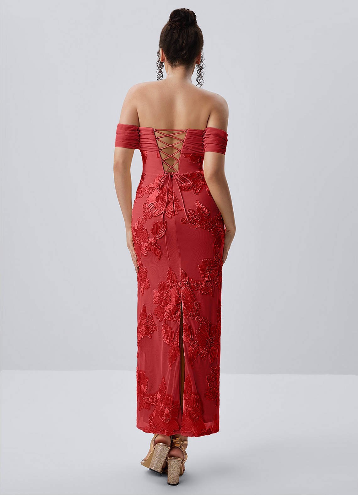 Berenice Sheath Off-the-Shoulder 3D Floral Lace Prom Dress in Red