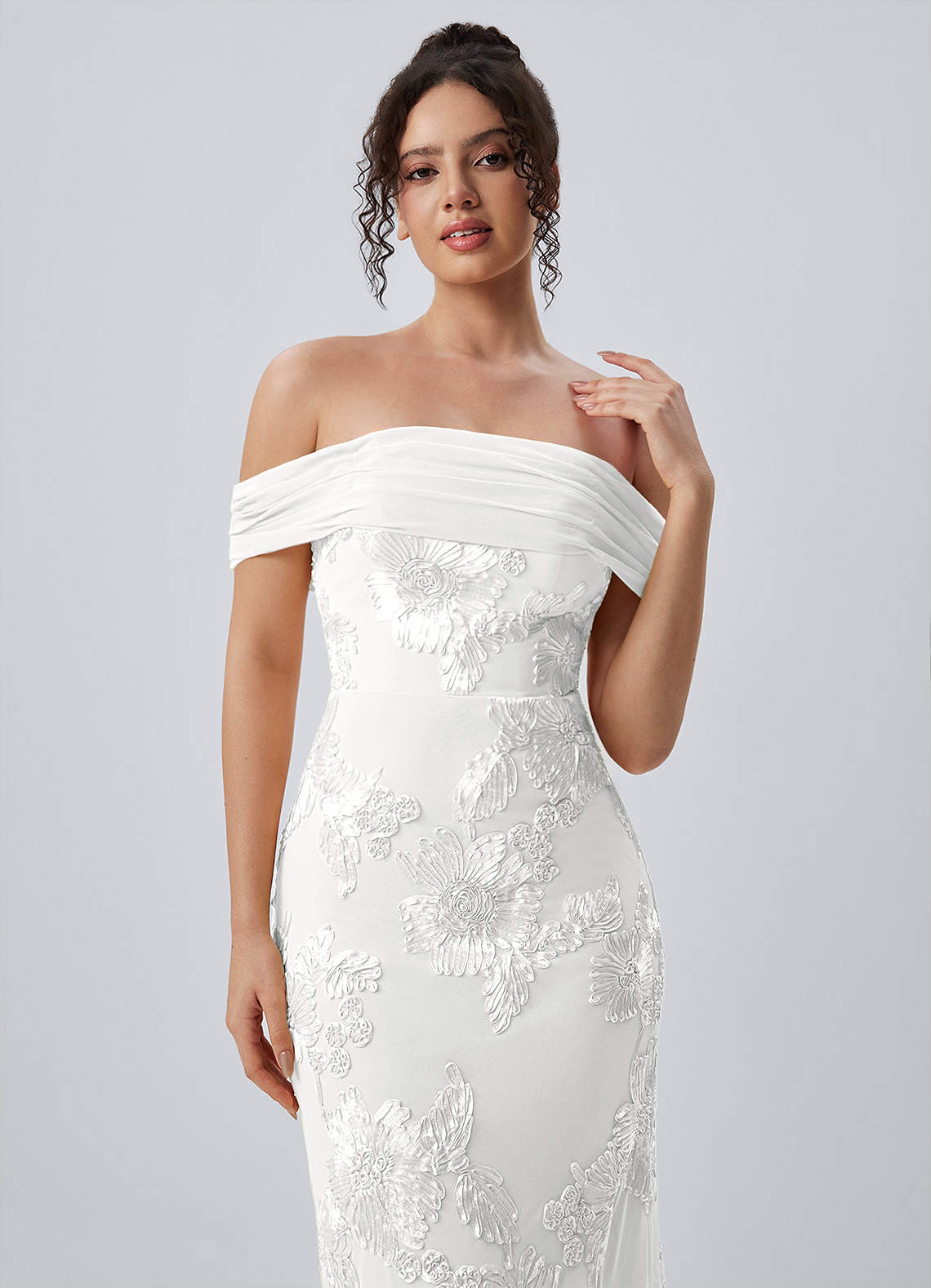 Berenice Sheath Off-the-Shoulder 3D Floral Lace Prom Dress in white