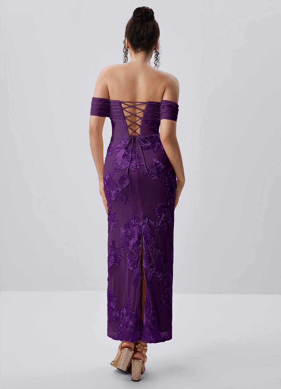 Berenice Sheath Off-the-Shoulder 3D Floral Lace Prom Dress in Plum
