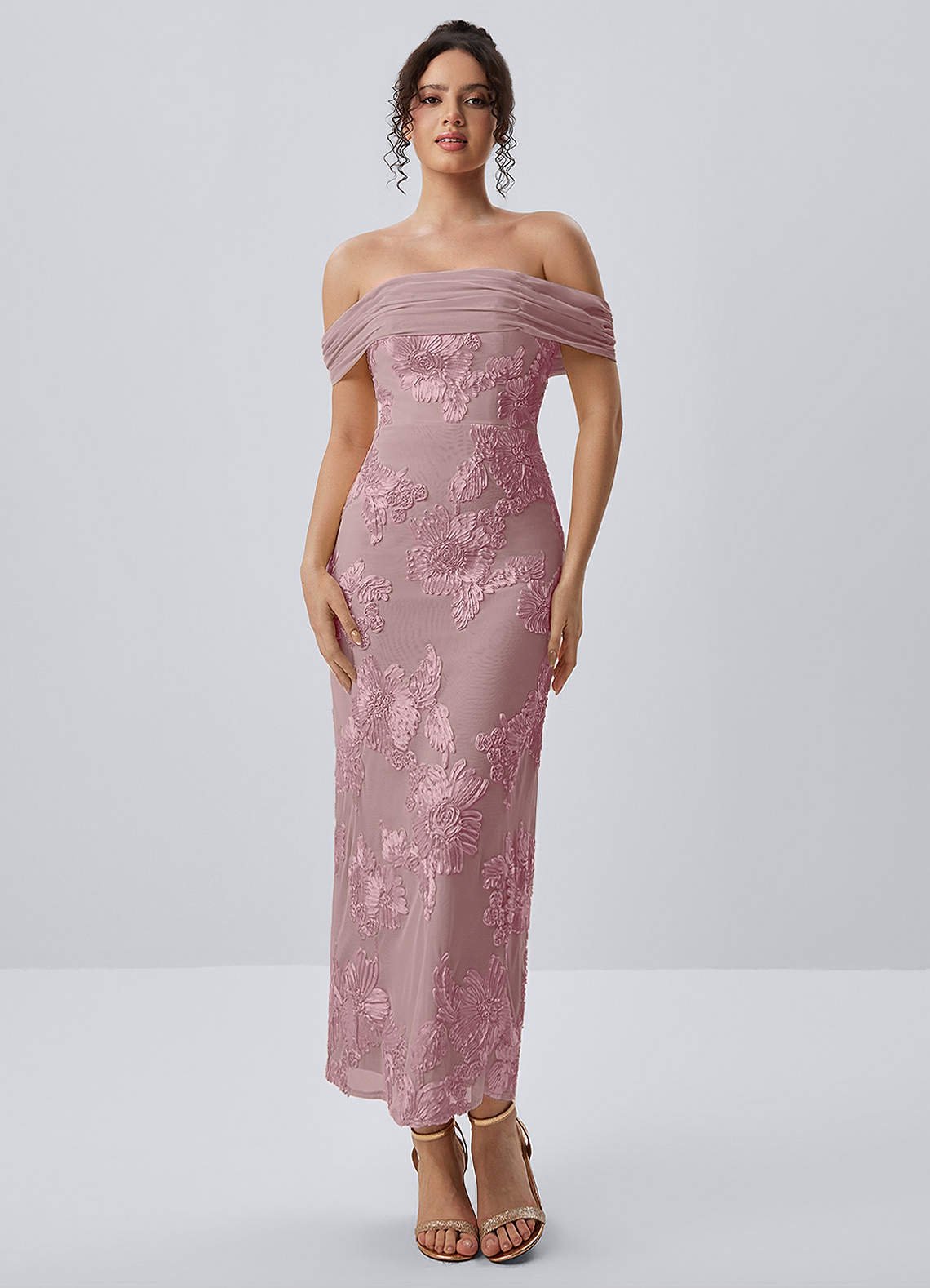 Berenice Sheath Off-the-Shoulder 3D Floral Lace Prom Dress in Pale Purple