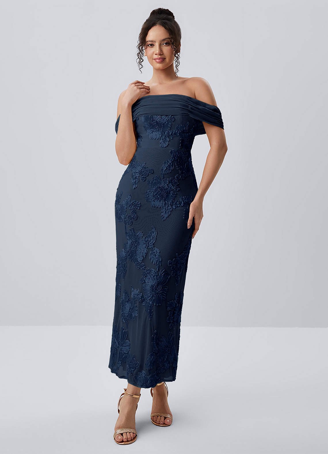 Berenice Sheath Off-the-Shoulder 3D Floral Lace Prom Dress in Navy Blue