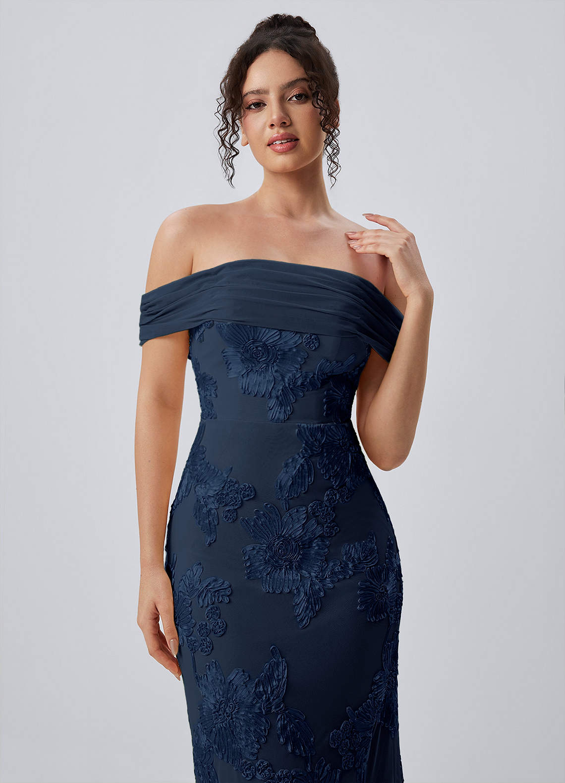 Berenice Sheath Off-the-Shoulder 3D Floral Lace Prom Dress in Navy Blue