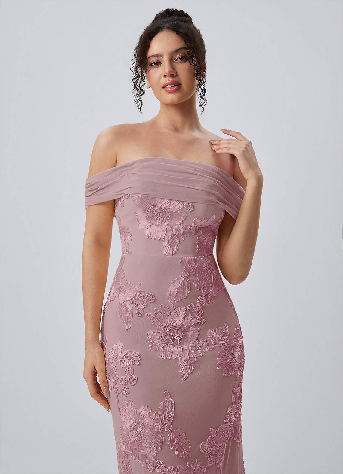 Berenice Sheath Off-the-Shoulder 3D Floral Lace Prom Dress in Dusty Lilac