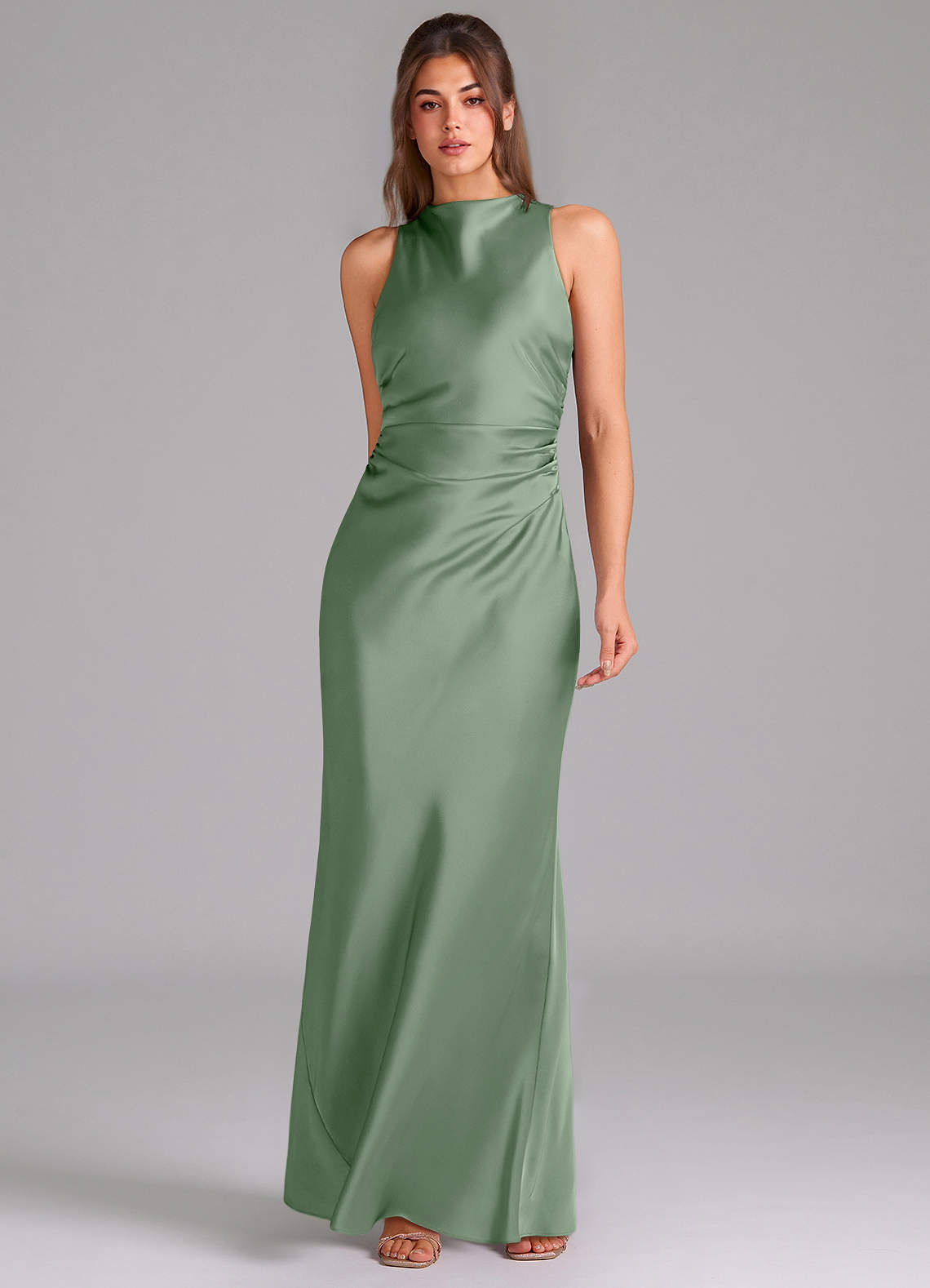 Evadne Sheath Scoop-Neck Stretch Satin Bridesmaid Dress in Matcha