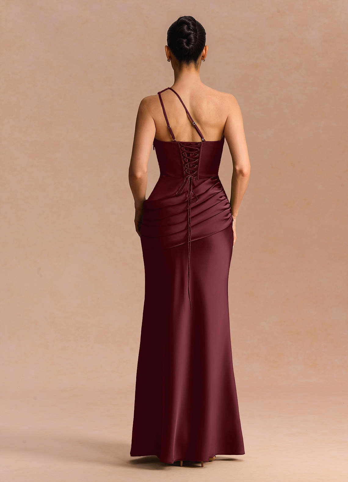 Guinevere One-Shoulder Cutout Stretch Satin Evening Dress in Wine