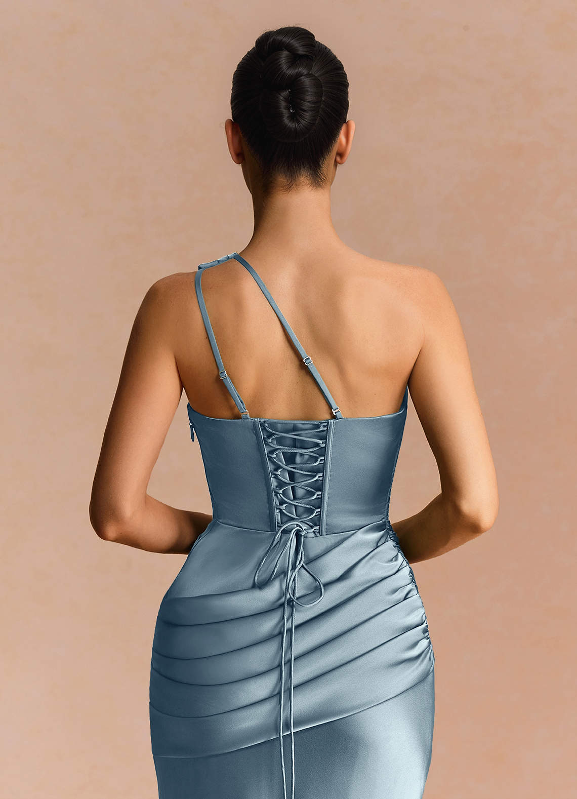 Guinevere One-Shoulder Cutout Stretch Satin Evening Dress in Dusty Blue