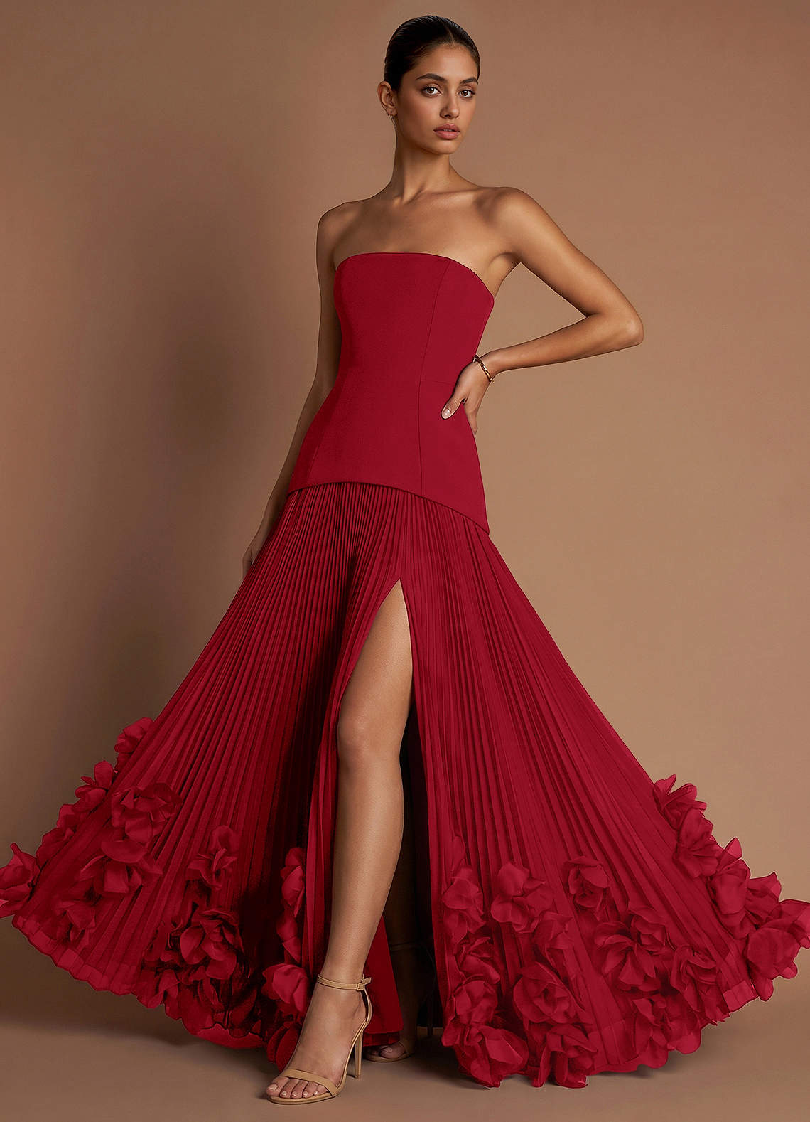 Marnie A-Line Corset Crepe Chiffon Evening Dress in Cherry Red