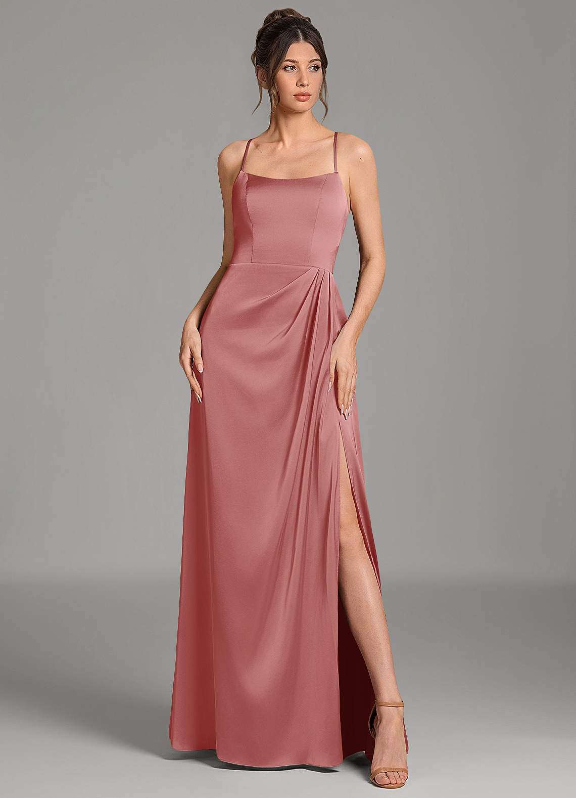 Frankie A-Line Scoop-Neck Stretch Satin Bridesmaid Dress in Antique Rose
