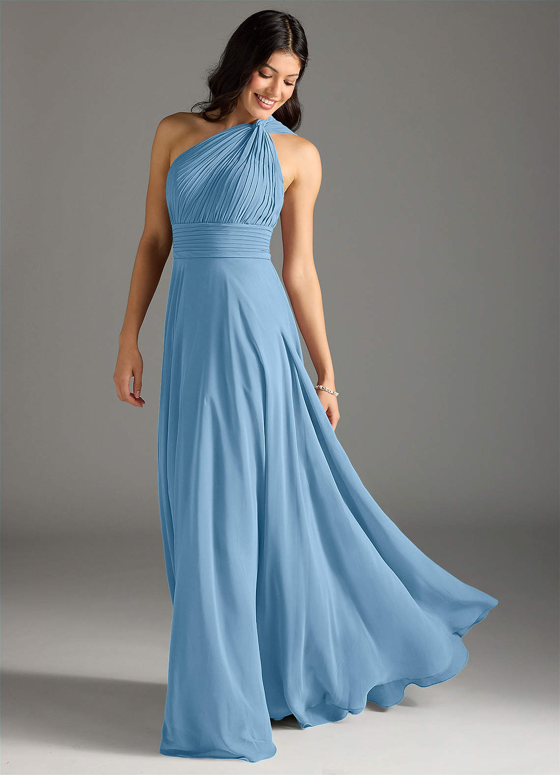 Charlize A-Line One-Shoulder Chiffon Bridesmaid Dress in Steel Blue