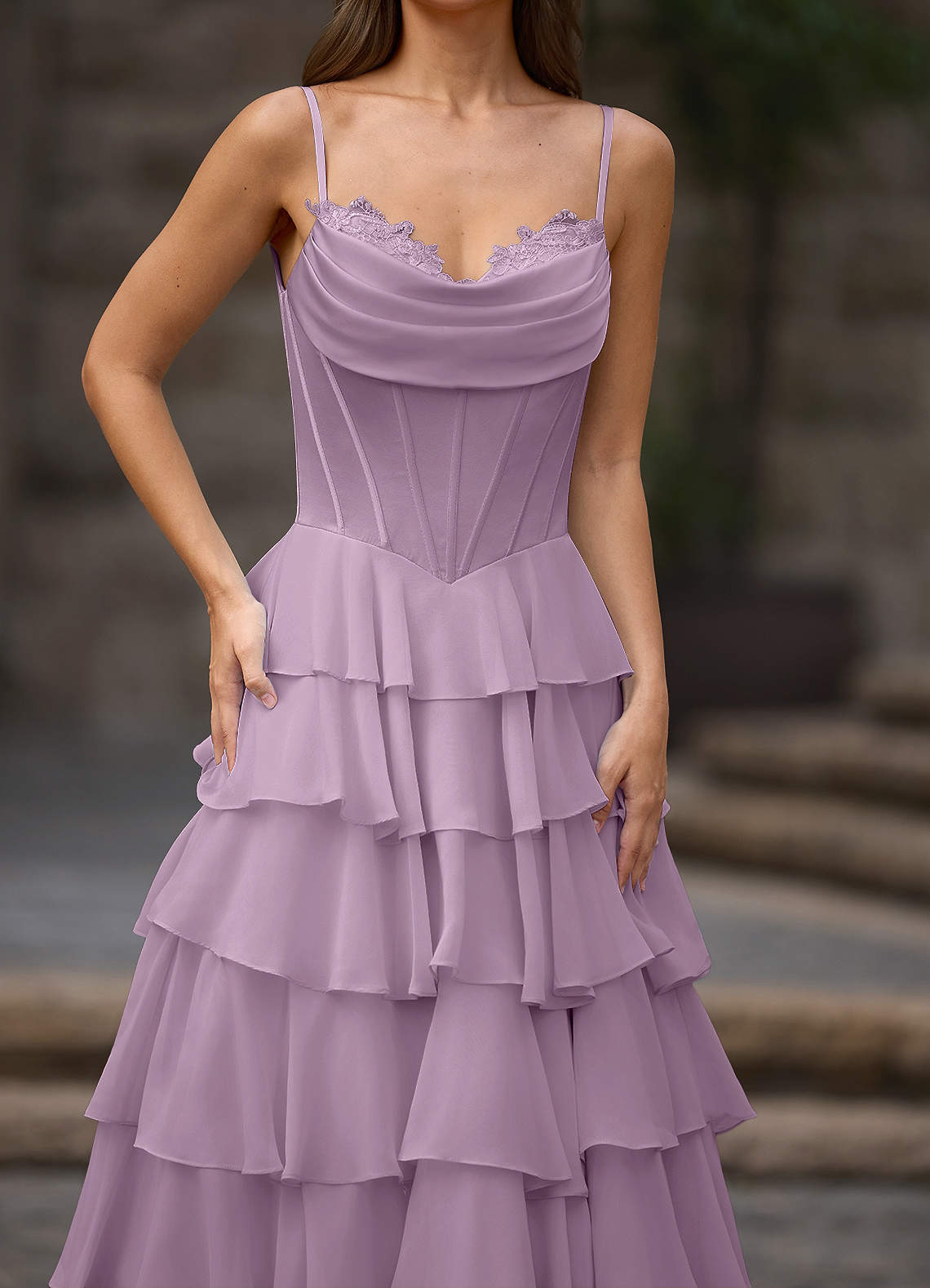 Floralace A-Line Ruffle Chiffon Evening Dress in Wisteria